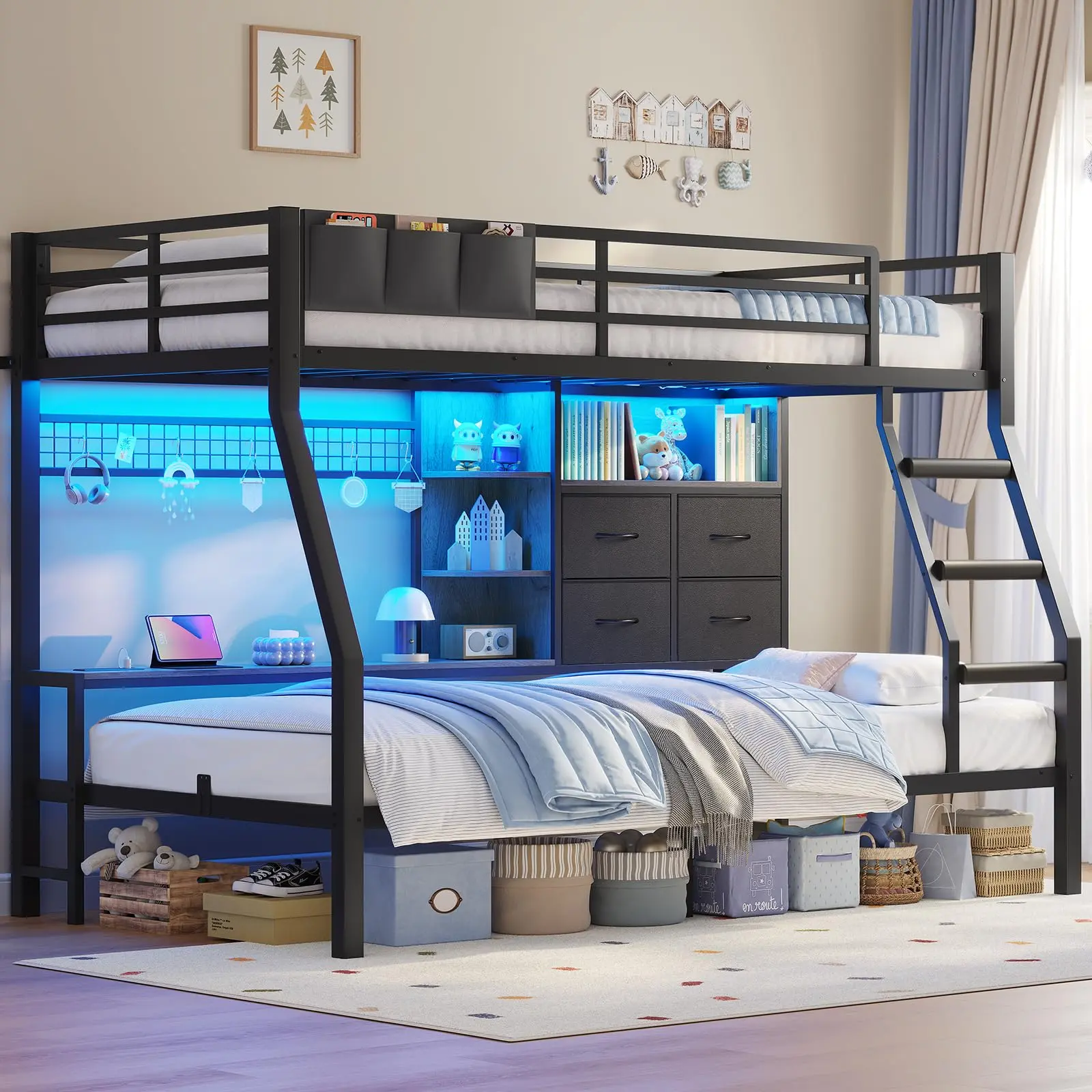 Sikaic Metal Frame Twin-Over-Twin Bunk Bed with 2 Beds, 4 Storage Drawers, Charging Station, RGB LED Lights, Storage Shelves, Safety Guardrail, and Angled Ladder, Two Beds,familyfun