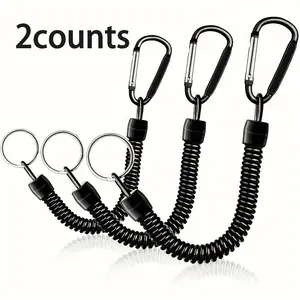 2counts Black Elastic Spring Coil Keychain Set and Ring, Extendable outdoor buckle/outdoor keychain Ropes, 15lb Test Strength,