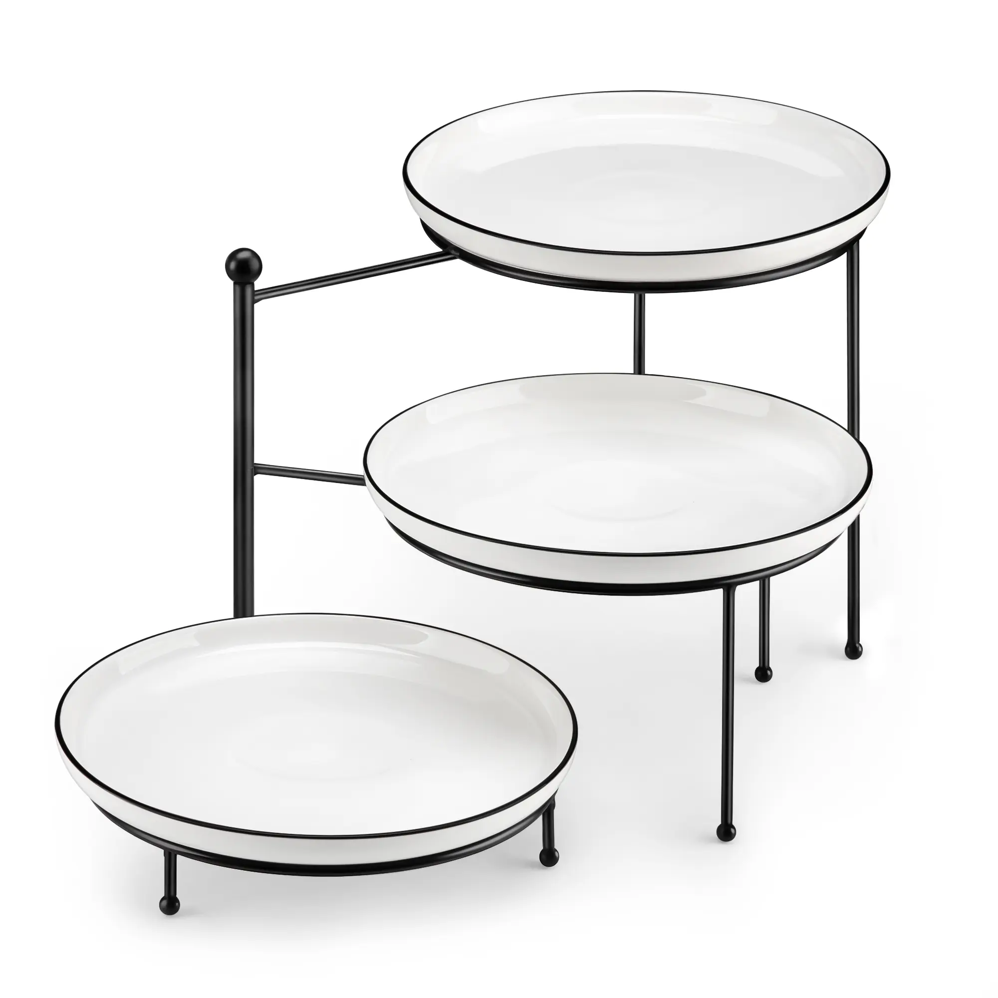 MALACASA Detachable 3-Tier Dessert Stand - Black Rim Porcelain Plates, Gold or Black Metal Rack, Elegant Serving Tray for Cupcakes, Cakes, Parties & Home Decor, Box