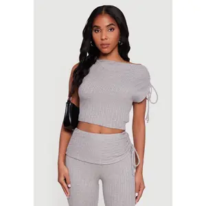 Brushed Rib Knit One Shoulder Drawstring Crop Top