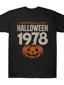 Men's Vintage 90s Michael Myers Halloween T-Shirt 100% Retro Horror Movie Graphic Tee with Jack-O-Lantern Design, Short Sleeve Casual Shirt for Halloween Parties & Casual Attire, Halloween Clothes Fabric Menswear funny  tshirt