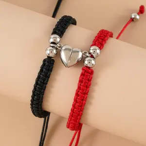 2Pcs Set Magnetic Heart Attract Couples Love Bracelets for Women Men, Handmade Braided Rope Adjustable Wristband Jewelry, Matching His and Hers Friendship Bracelet, Romantic Gift for Anniversary Birthday Valentine, Cute Couple Accessory Daily Wear