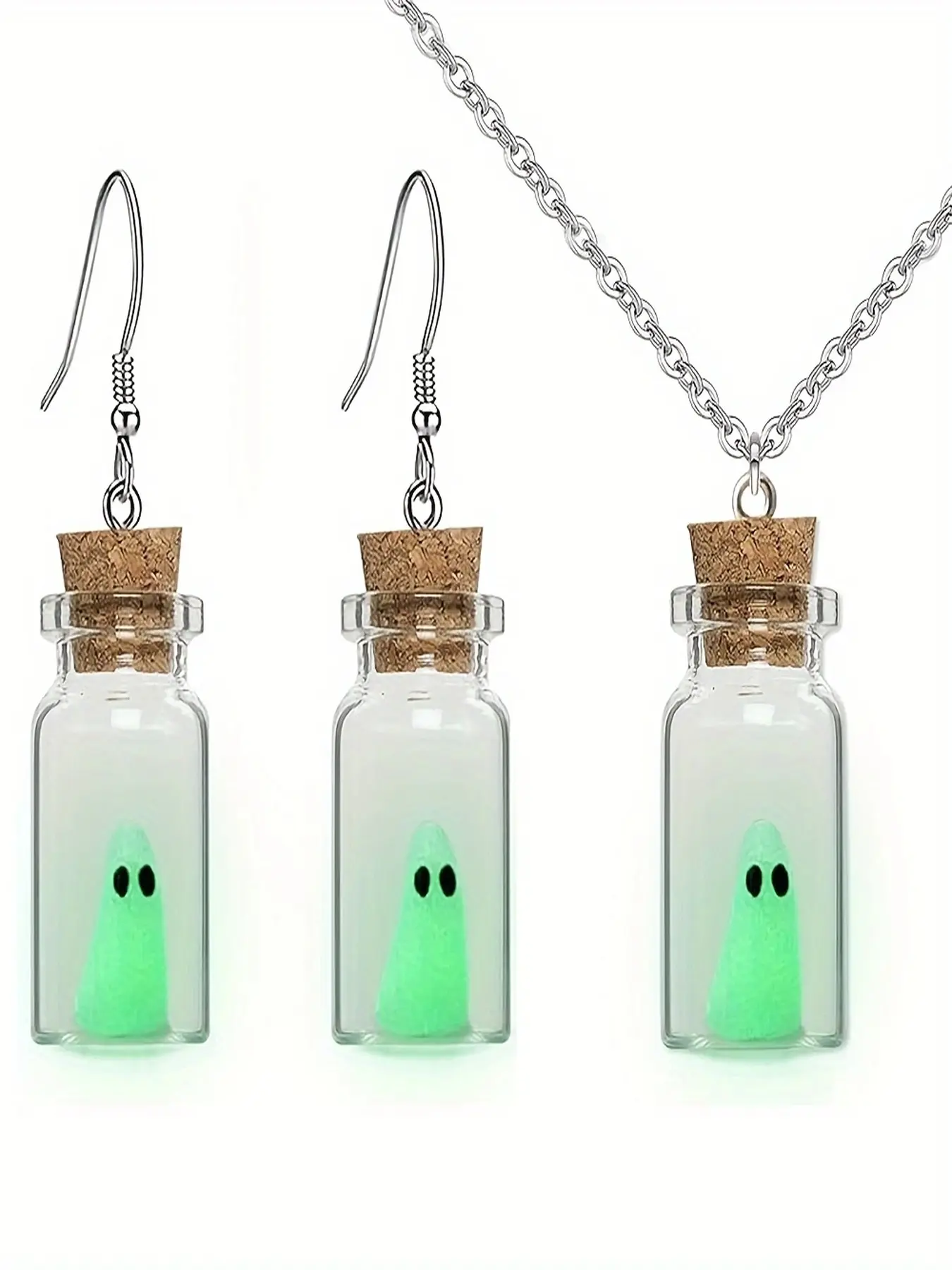 3pcs Glow-In-The-Dark Ghost Glass Bottle Pendant Stainless Steel Necklace Earrings Set, Halloween Decoration Accessories, Unique Horror Gothic Style Jewelry