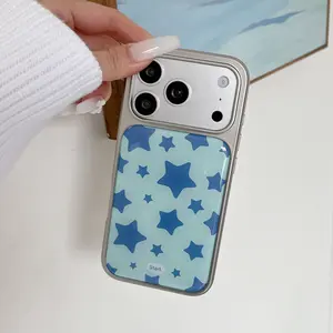 Silver Color Glitter Phone Case for iPhone 17 Pro Max & 16 Pro Max, Simple Blue Star Design, Cute Fashionable Cover for Men/women/middle East Users
