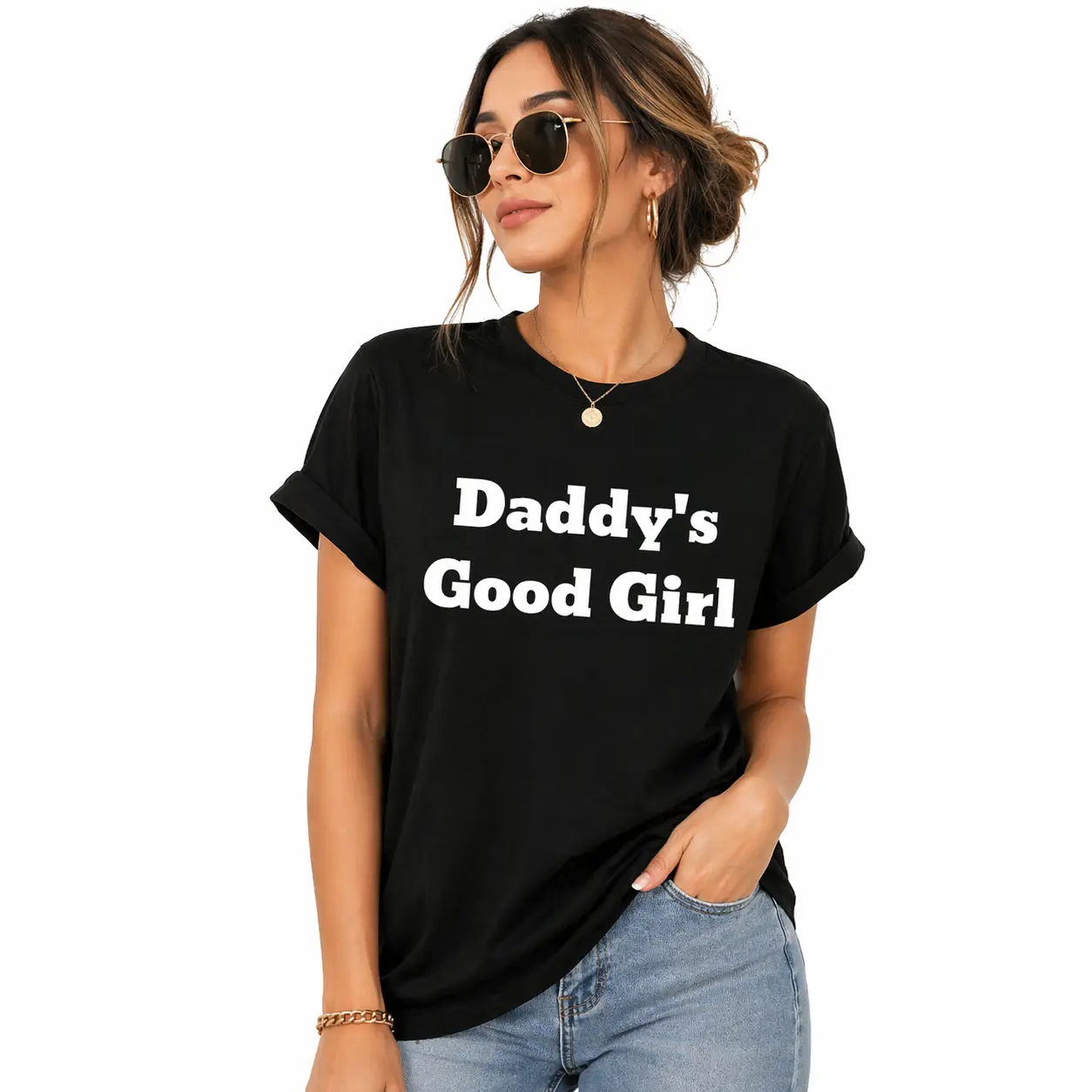 Women's Loose-Fitting Cotton Crew Neck Short-Sleeve T-Shirt, "Daddy’s Good Girl" Funny Graphic Letter Print, Soft Breathable Minimalist Summer Casual Streetwear, GF Gift