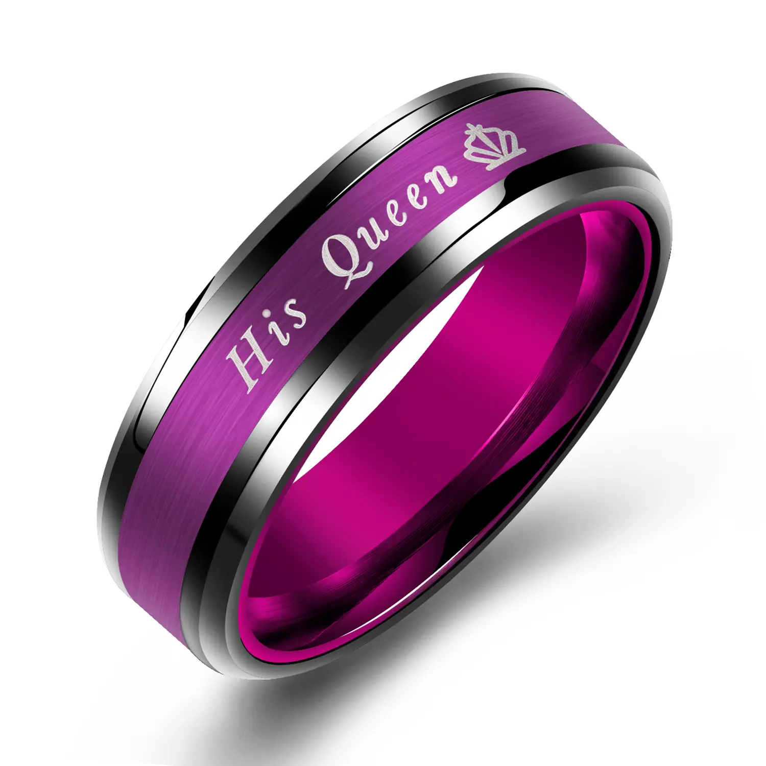 OIDEA Couples Promise Ring Set, 8mm Stainless Steel Matching Bands with Engraving, Purple CZ Initial Rings for Wedding Anniversary Gift, Cubic Zirconia, Setting Rings