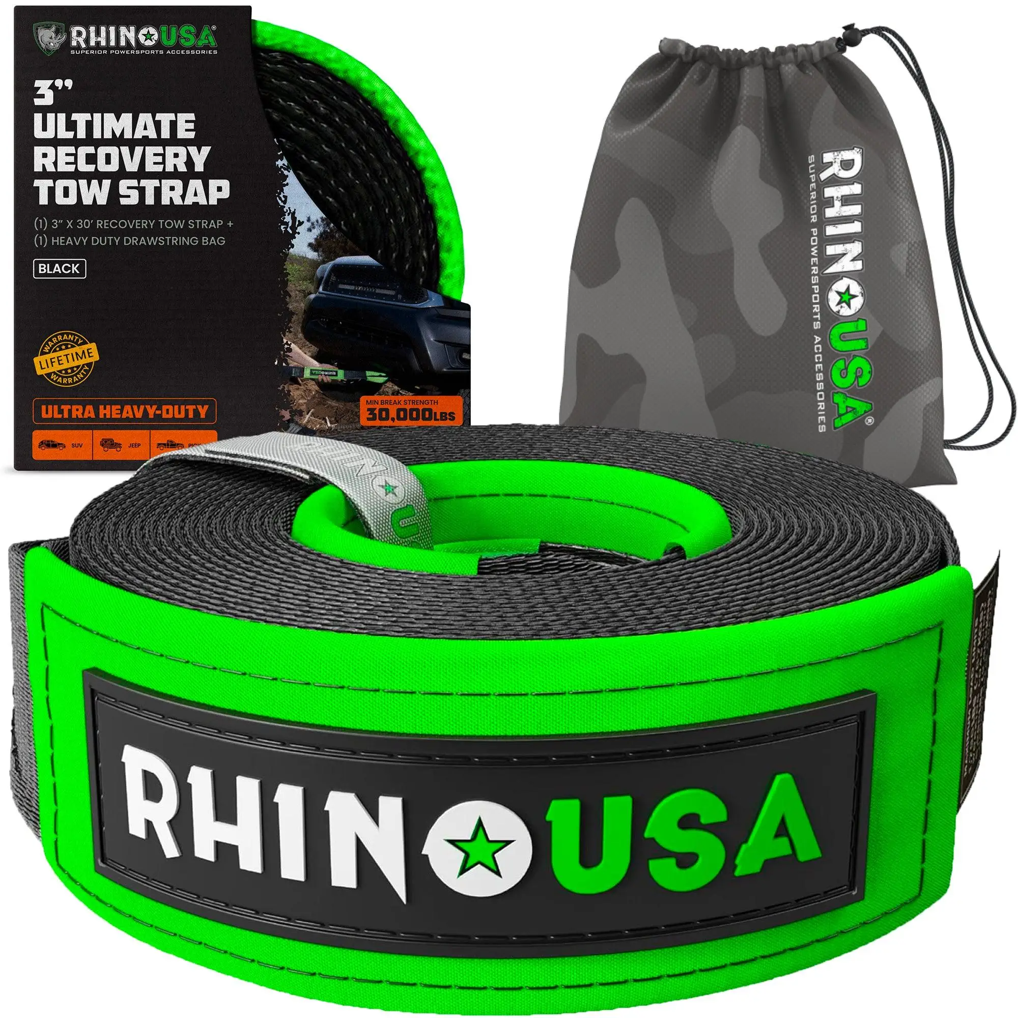 Rhino USA Recovery Tow Strap (3" x 20') 31,518lb Break Strength - Heavy Duty Emergency Recovery Strap Tow Rope for Offroad 4x4 Use for Truck, UTV, ATV