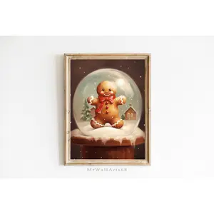 Gingerbread Man Christmas Wall Art, Christmas Snow Globe Art, Christmas Decor Print, Printable Christmas Oil Painting, Christmas Nursery Art, Poster No Framed, Decor home