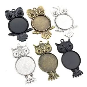New Fashion 5pcs 25mm Inner Size Antique Silver Plated Bronze Black Owl Style Cabochon Base Setting Charms Pendant