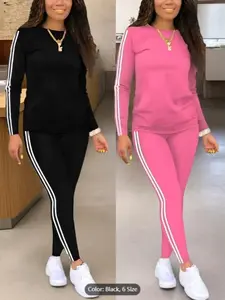 Women's Plus Size Two-Piece - Long Sleeve Pullover Top & Pants, Stretchy Lounge Set, Non-See-Through Fabric, Black & Pink Color Options, Casual Outfits - Everyday Wear, Clothes, Comfortable Clothing, Striped Pattern