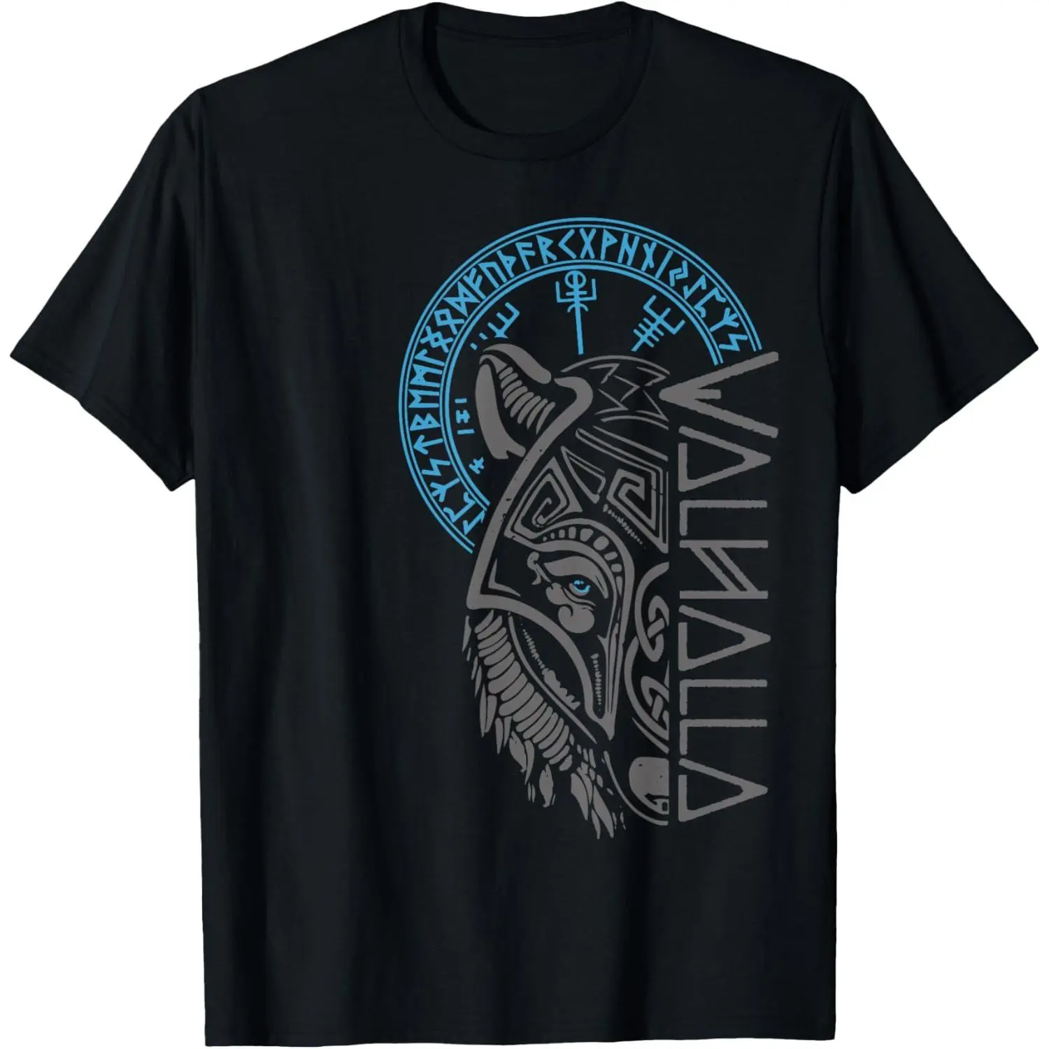Menswear Viking Graphic T-Shirt - Men's Casual Breathable Cotton Short-Sleeve Round Neck Tshirt with Valhalla Wolf & Odin Runes
