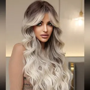 Ash Gray Ombre Long Curly Wig with Side Bangs Heat Resistant Syntheic Wigs for Women Daily & Party