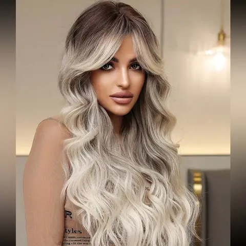 Ash Gray Ombre Long Curly Wig with Side Bangs Heat Resistant Syntheic Wigs for Women Daily & Party
