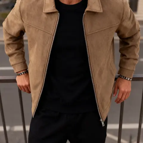 Men's Lightweight Business Lapel Jacket, Zipper Closure, Faux Suede Fabric, Casual Slim Fit Outerwear, Easy Care, Coats