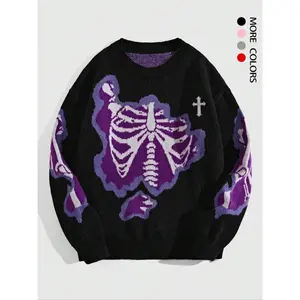 Men's Skeleton Print Drop Shoulder Sweater, Loose Casual Long Sleeve Round Neck Jumper for Fall & Winter, Fashion Men's Knitwear for Daily Wear Menswear Tops