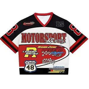 Black Red White Cropped Mesh Football Jersey V Neck Motorsport Racing Print Streetwear Summer Casual Oversized Loose Fit Breathable Short Sleeve Top Men Women