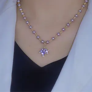 LisiZen Luxury Purple Maple Leaf Necklace 14K Gold-Plated with Sparkling Zircon Pendant Chic Autumn Winter Trend Jewelry Elegant Collarbone Chain Fashion Accessory for Women DZXL3526