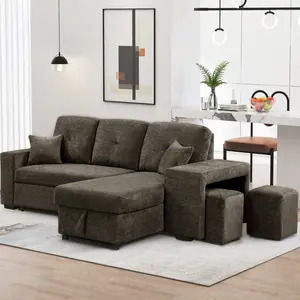ARCH Reversible Sleeper Sectional Sofa Bed with Side Shelf and 2 Stools,Pull-Out L-Shaped Sofa Bed,Corner Sofa-Bed with Storage Chaise Left/Right Hande for Living Room,Knox Charcoal    RR