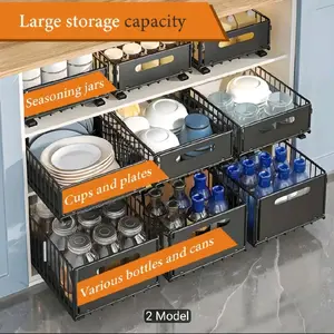 2pcs, Cabinet Pull-out Storage Basket, Bathroom Sink Slide-out Storage Basket, Multipurpose Organizer, Spice Rack, Snack Rack, Household Items And Cleaning Supplies Storage Rack, Storage Accessories, Shelf Baskets, Perfect Gift
