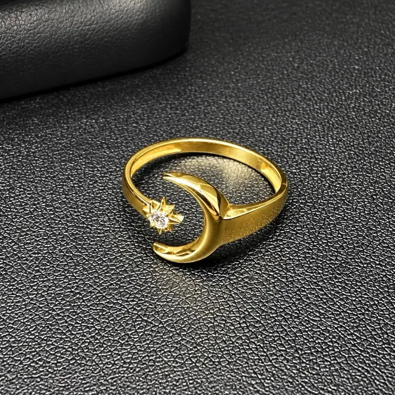Elegant Gold Tone Crescent Moon Ring with Star Design for Women's Fashion Jewelry