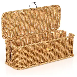 Cable Management Box Handwoven Faux Rattan Cord Organizer Box with Lid 2 Open Slots Cable Organizer Box Decorative Cord Hider Box for Tv Computer USB Hub and Power Strip Holder Box