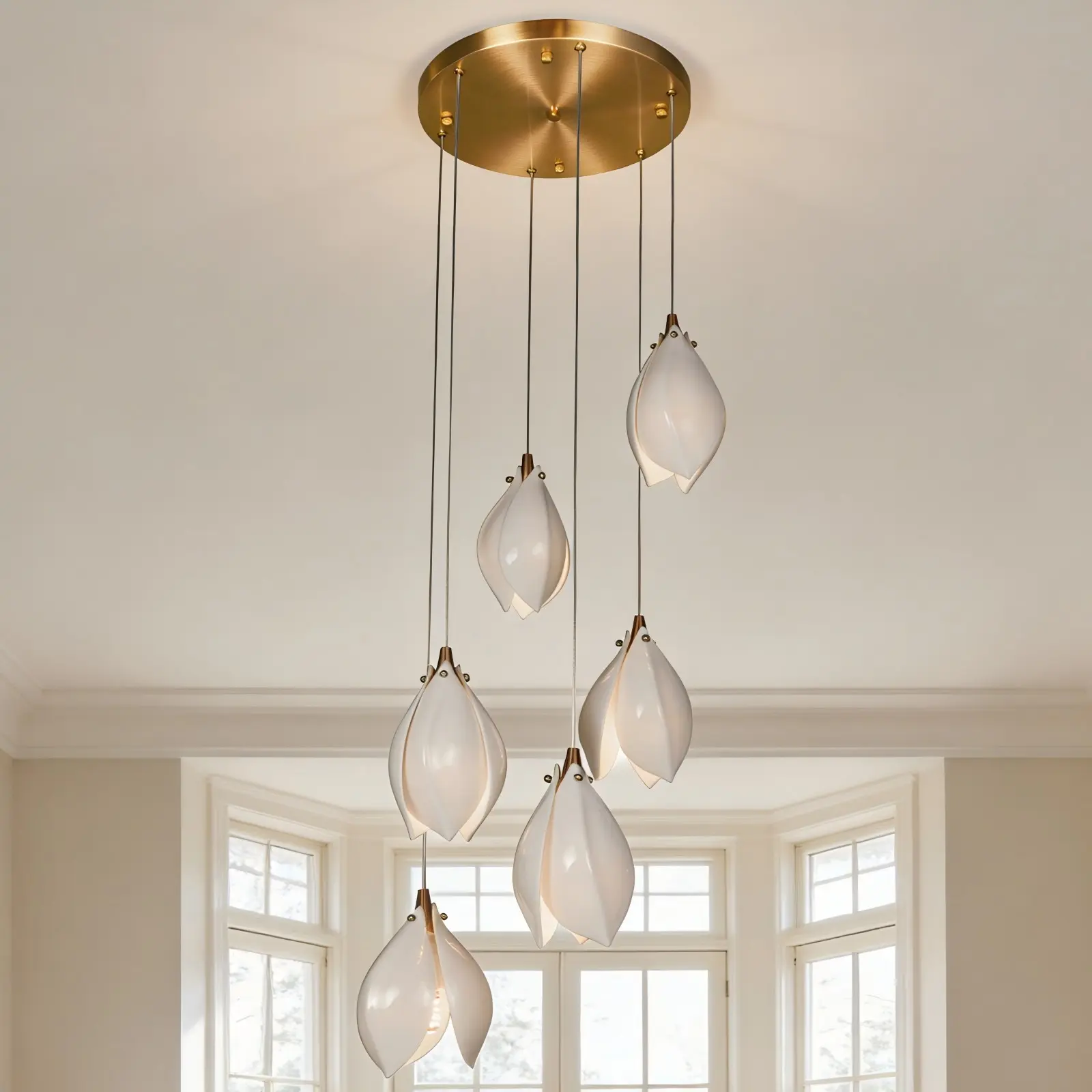 50-Inch 6-Light Magnolia Ceramic Pendant Light - Brushed Bronze Multi-Tier Staggered Chandelier with E26 Adjustable Long Cord, 110V High Ceiling Hanging Lamp for Staircase, Foyer