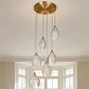 13.8 Inch Mid-Century Modern Magnolia 6-Light Pendant, Ceramic Shade Copper Chandelier for Dining Room Bedroom