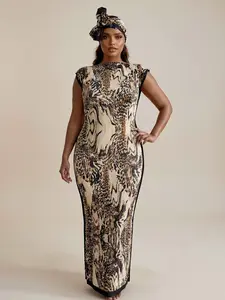 Women's Elegant All-Over Printed Long Dress & Scarf Set, Slim Fit Beach Cover-Up Shawl, Beach Coverups, Sun Protection Silk Wrap for All Seasons