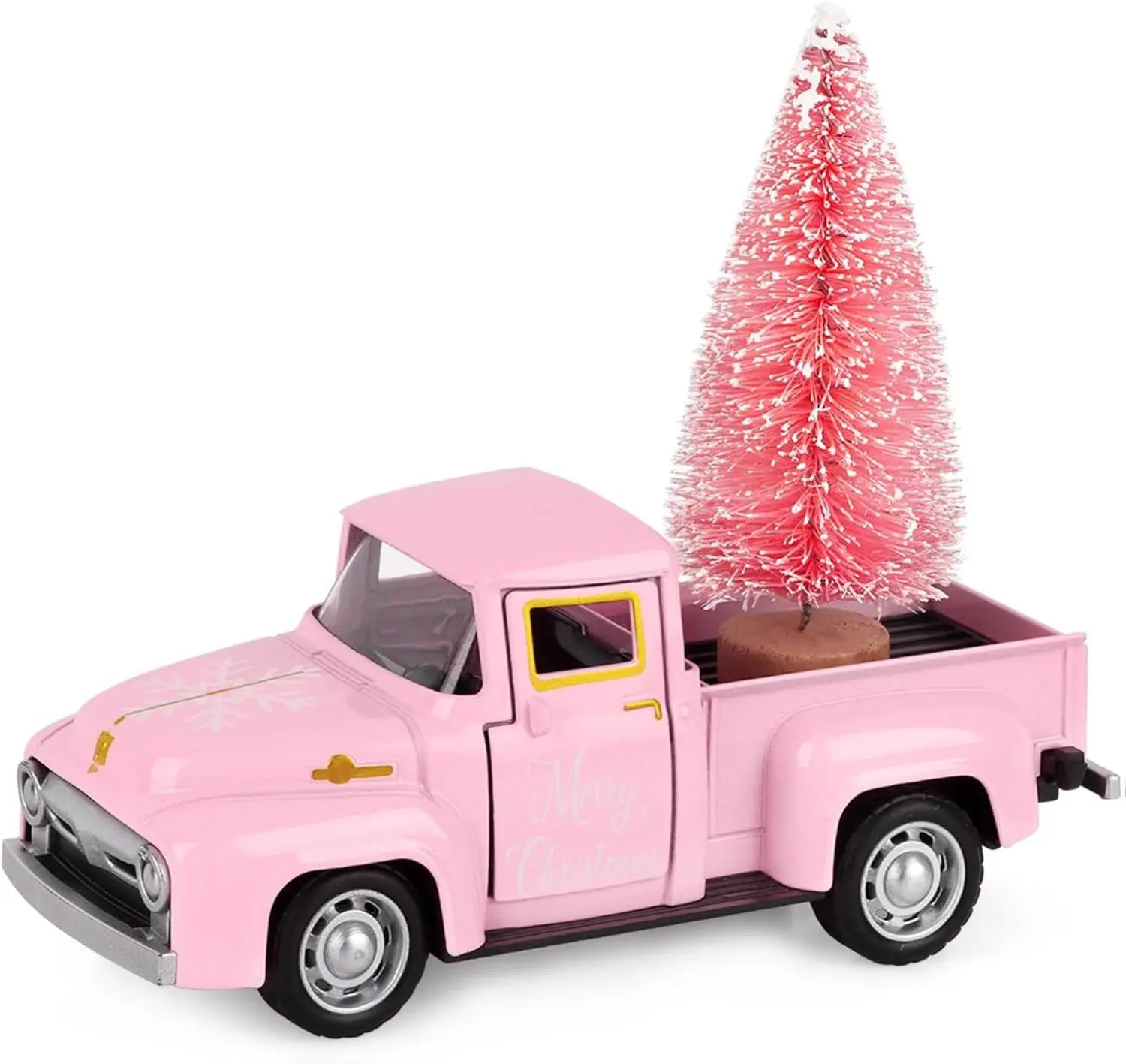 Christmas Gift Pink Truck with Mini Pink Tree Christmas Snowflakes Metal Truck Vintage Home Tiered Tray Decor for Christmas Tables Home Kitchen Mantel Shelf Bookshelf Coffee Mini Diecast Trucks Decorations