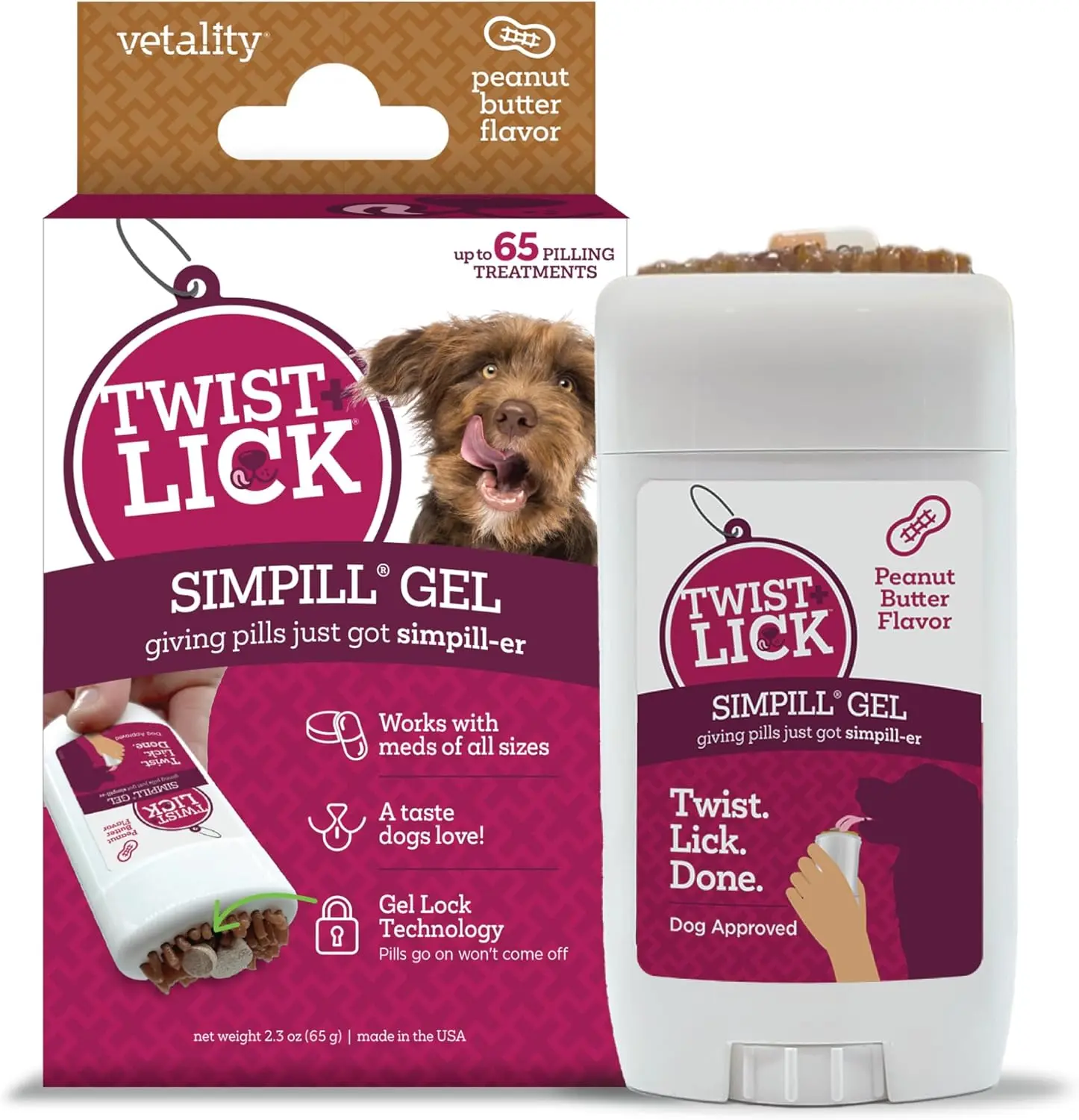 Vetality Twist + Lick SimPill Pill Hider Treat for Dogs Beef Chicken & Peanut Butter Flavor 2.3 oz Up to 65 Treatments Gel Lock Technology
