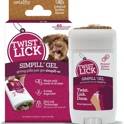 Vetality Twist + Lick SimPill Pill Hider Treat for Dogs Beef Chicken & Peanut Butter Flavor 2.3 oz Up to 65 Treatments Gel Lock Technology