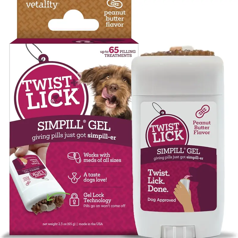Vetality Twist + Lick SimPill Pill Hider Treat for Dogs Beef Chicken & Peanut Butter Flavor 2.3 oz Up to 65 Treatments Gel Lock Technology