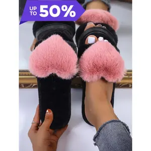 Women's 1 Pair Cute Heart Design Fluffy Plush House Slipper Shoes, Soft Comfy Trendy Fuzzy Home Slippers for Women, Versatile Warm Winter Shoes for Home for Fall & Winter
