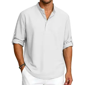 Men's Casual Henley Shirts Collarless Roll-up Long Sleeve Button Down Waffle T Shirt