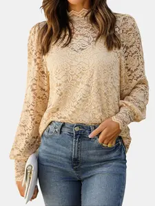 Women's Lace Tops Mesh Sheer Floral Long Sleeve Mock Neck Casual Dressy Blouse Shirt with Camisole Sexy 2 PCS Set Soft Stretchy Feminine