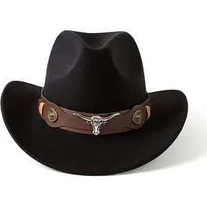 Western Cowboy, Cowgirl Hat, Bull Strap, Men Women Retro Wide Brim