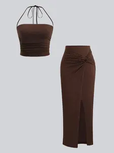 Summer Breathable Women's Solid Color Fit Sexy Off-Shoulder Top with Cinched Waist & Wrap Tie + High Slit Twist Detail Draped Figure-Skimming Skirt (Two-Piece Set) Womenswear