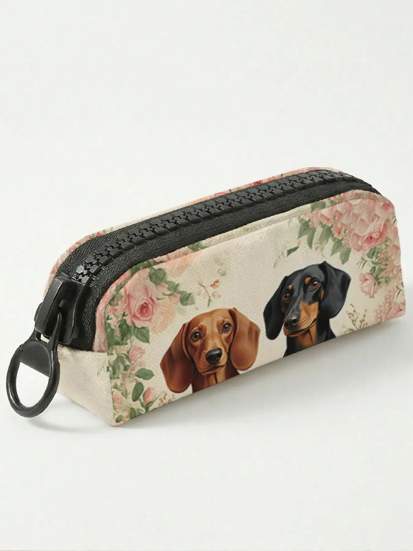 1 piece of Dachshund with floral pattern 2D printed large zipper pencil case, storage bag, spacious zipper makeup bag school supplies and stationery, durable polyester