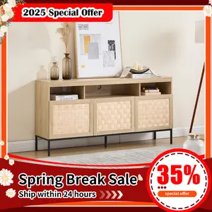 EBELLO Boho TV Stand with Hand-Woven Doors, Large Entertainment Center Tall Media Console with Storage Cabinet and Open Shelves, Light Oak