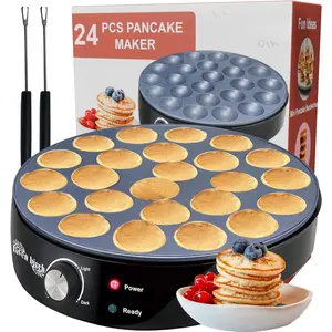 24 Count Mini Pancake Maker Machine, Nonstick Electric Dutch Pancakes Griddle with Adjustable Heat, Multi-Use Poffertjes Pan for Breakfast & Desserts