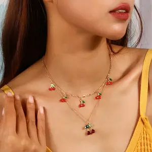 Double-Layer Cherry Chain & Link Necklace - Cute Sweet New Fashion Costume Jewelry Accessory for Women