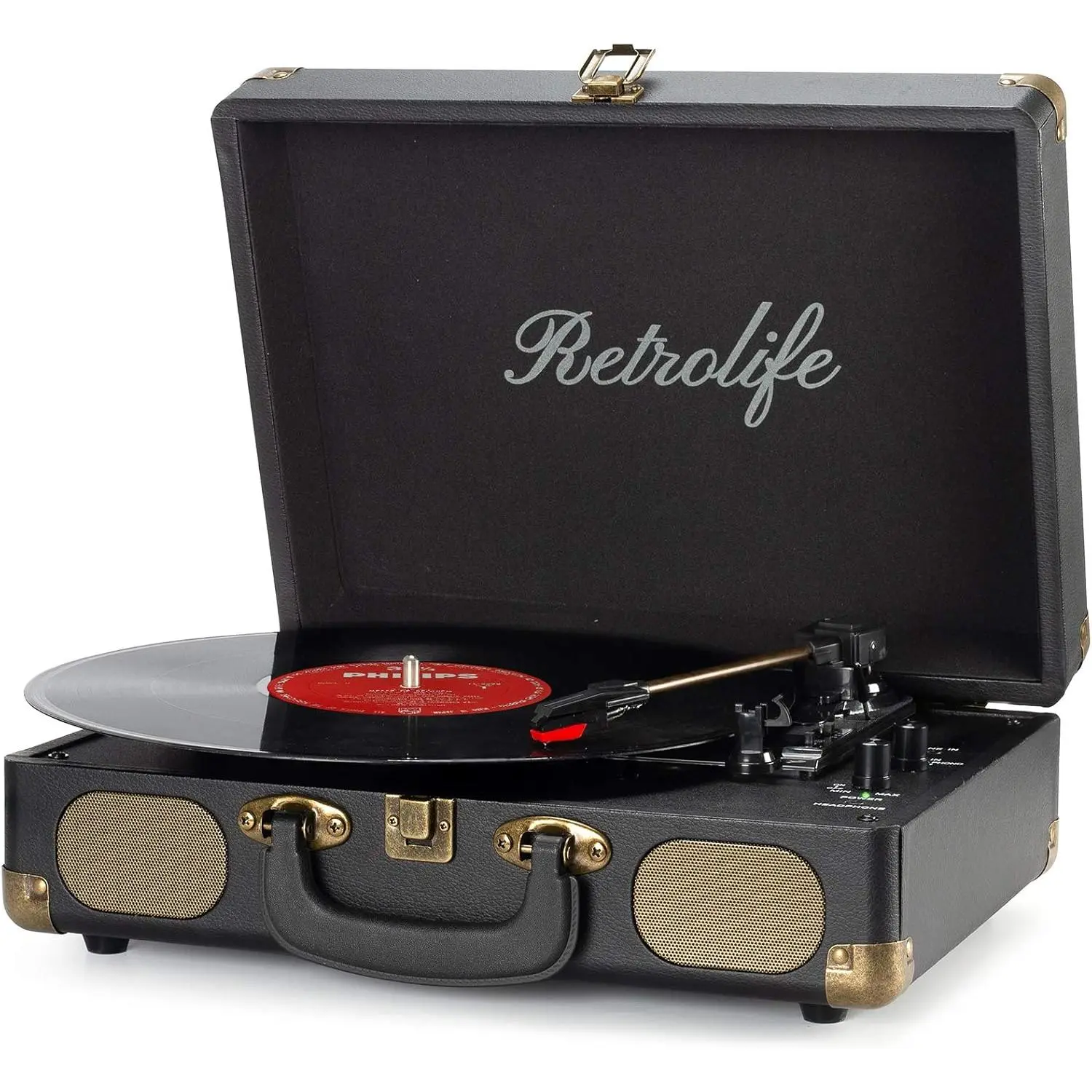 Vintage Belt-Driven Portable Suitcase Turntable - 3-Speed Wireless Bluetooth Player, Built-In Stereo Speakers, Anti-Skip Anti-Skid, Sound-Dampening, Space-Saving, Compatible with 7/10/12-In Vinyl Records, RCA Line Out, AUX In, 3.5mm Headphone Jack