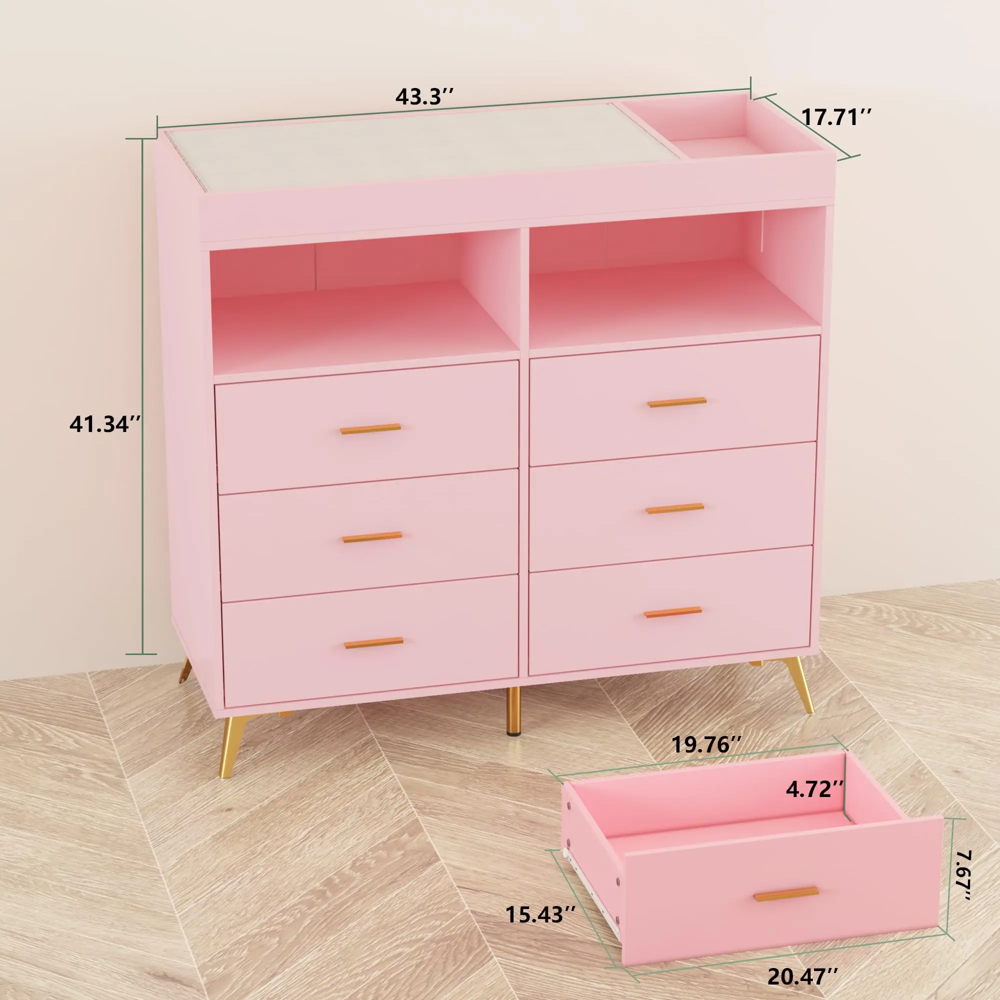 Garvee Modern Adjustable Metal Nursery Changing Table Dresser - 6-Drawer Diaper Station Nursery Furniture with Built-in Power Outlet, LED Light, Pink