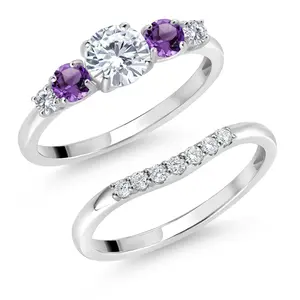 Gem Stone King 10K White Gold White Lab Grown Diamond and Purple Amethyst 5 Stone Bridal Engagement Wedding Ring Set For Women | 0.81 Cttw | Round: 5MM and 3MM | Available In Size 5, 6, 7, 8, 9