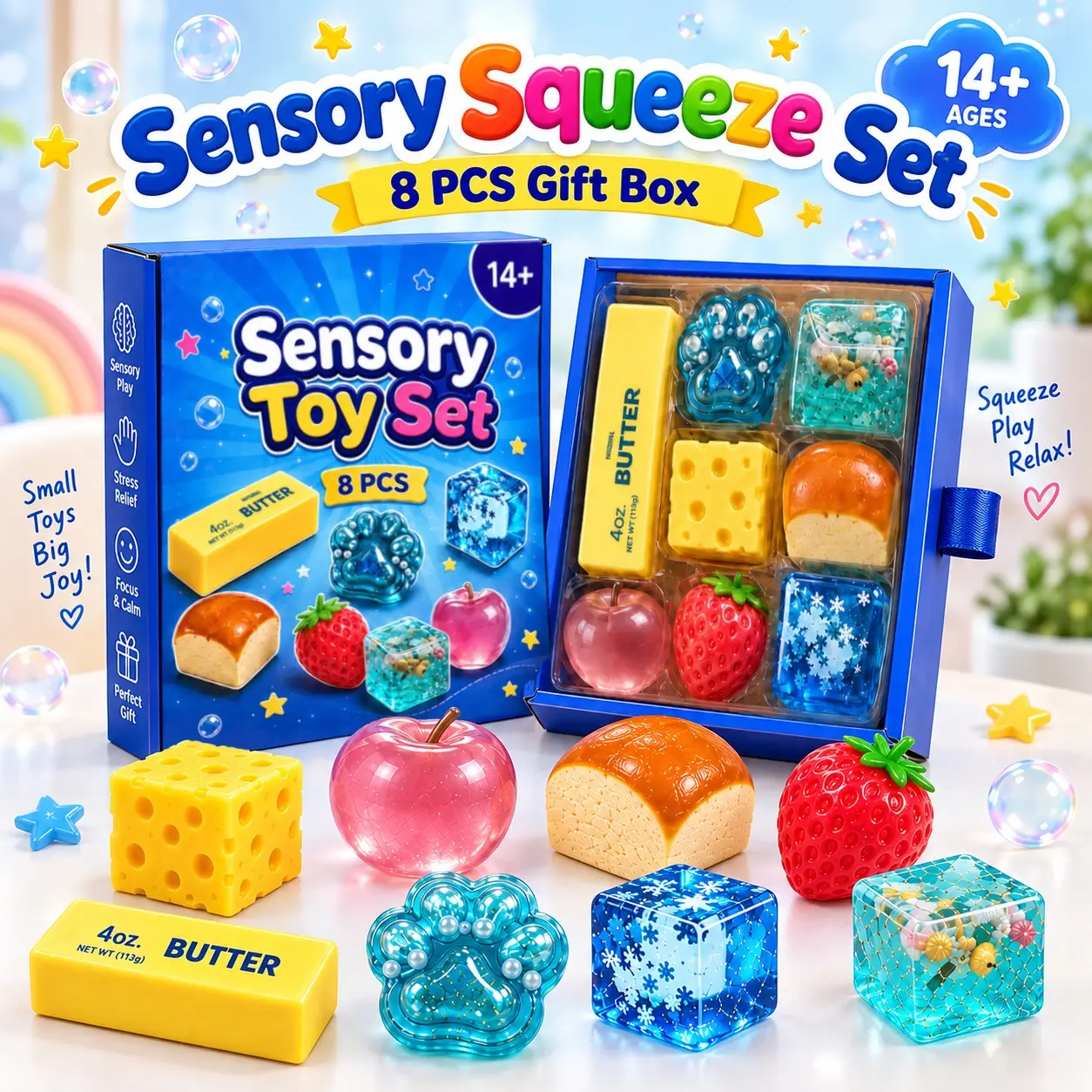 8-Piece Squishy Toy Gift Box, TPR & PU Sensory Fidget Toys, Assorted Cute Squishies & Stress Balls for Teens & Adults, Desk Toys, Party Favors