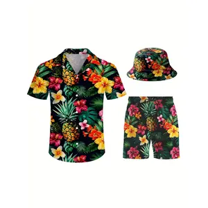 Home Relaxation, Men's 3pcs Tropical Hawaiian Beach Set - Vibrant Floral & Pineapple Print Shirt, Shorts with Dual Pockets & Bucket Hat, Casual Summer Sportswear, Sizes M-XXL, Beach Party Apparel|Summer Casual Set|Woven Texture