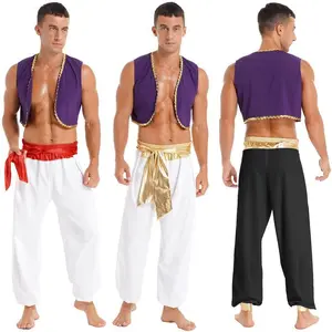 AladinCostumeMenArabianPrinceCosplayDressUpWaistcoatTopHaremPantsSuitHalloweenThemePartyCarnivalStageDancewear