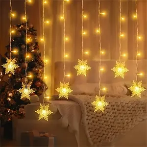 Snowflake Window Curtain String Lights,13ft Snowflake LED Icicle Curtain Lights With Remote Sensor USB Powered Twinkle Lights For Christmas Halloween Wedding Bedroom Patio Indoor Outdoor LED Clear White Lights