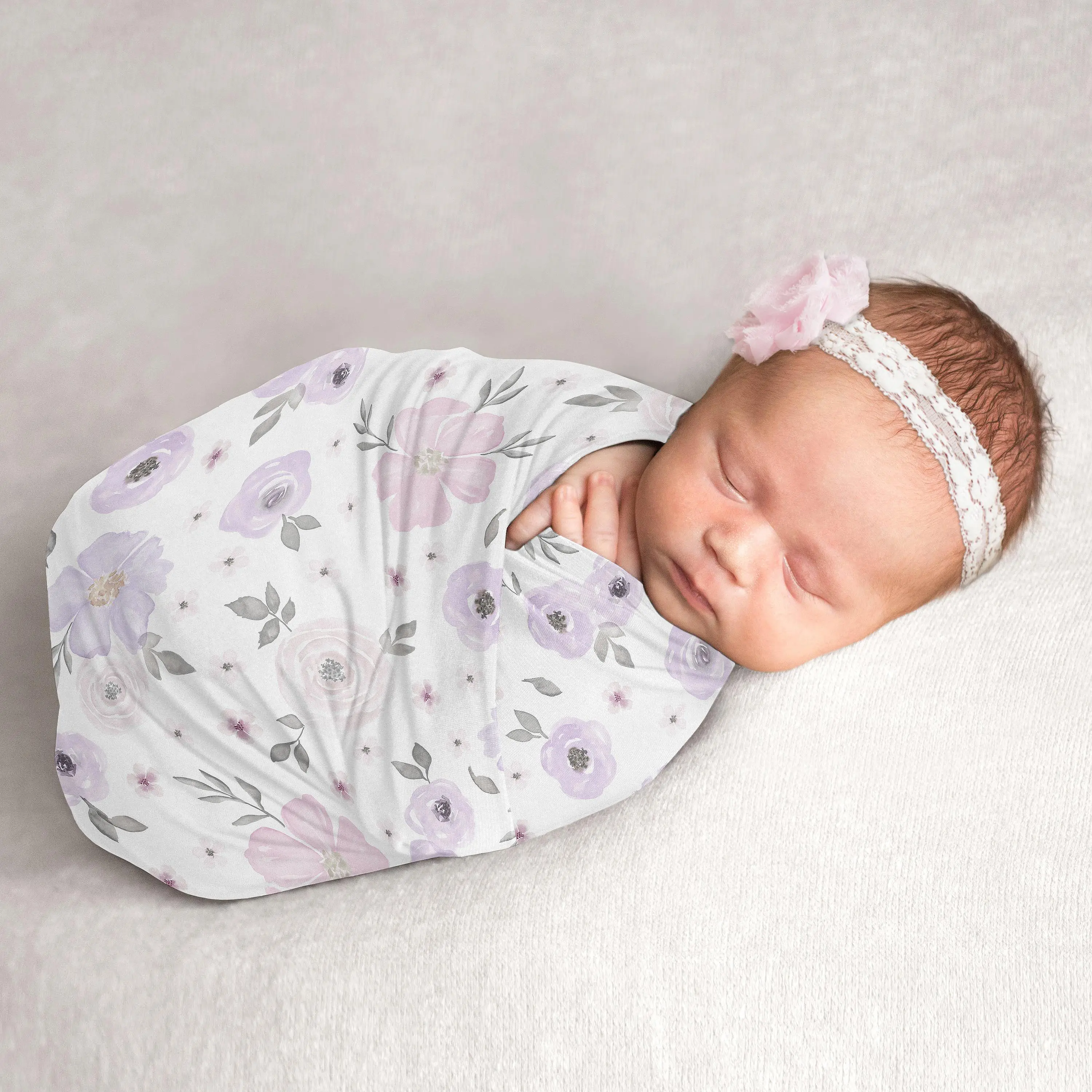 Sweet Jojo Designs Watercolor Floral Baby Girl Swaddle Blanket Jersey Stretch Knit for Newborn or Infant Receiving Security - Lavender Purple, Pink and Grey Boho Shabby Chic Rose Flower