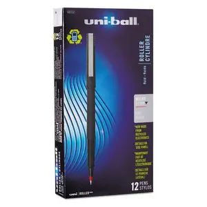 Uni-Ball UBC60152 0.5 mm Micro Red Ink, Black Matte Barrel Stick Roller Ball Pen - 1 Dozen